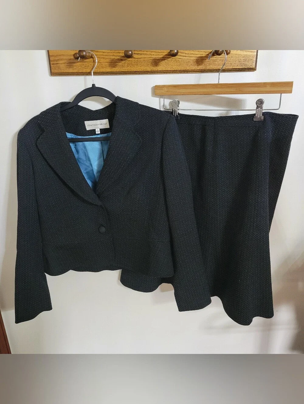 Jones New York Black And Blue Peplum Blazer and Matching Skirt Suit Set, Size 12